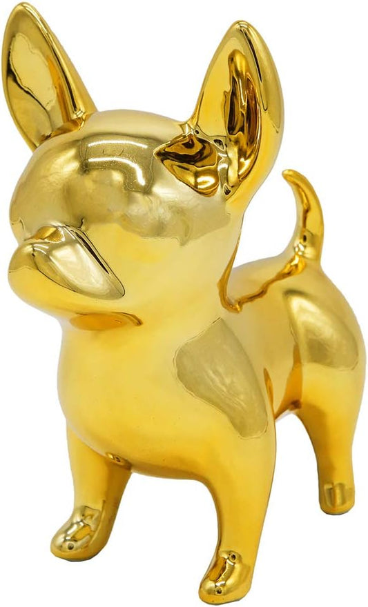 Chihuahua Dog Statue - Metallic Gold Standing Ceramic Dog Statue - Decorative Dog Sculpture for Garden or Home Décor - Chihuahua Dog Outdoor Statue - (6.69” X 4.33” X 7.87”)