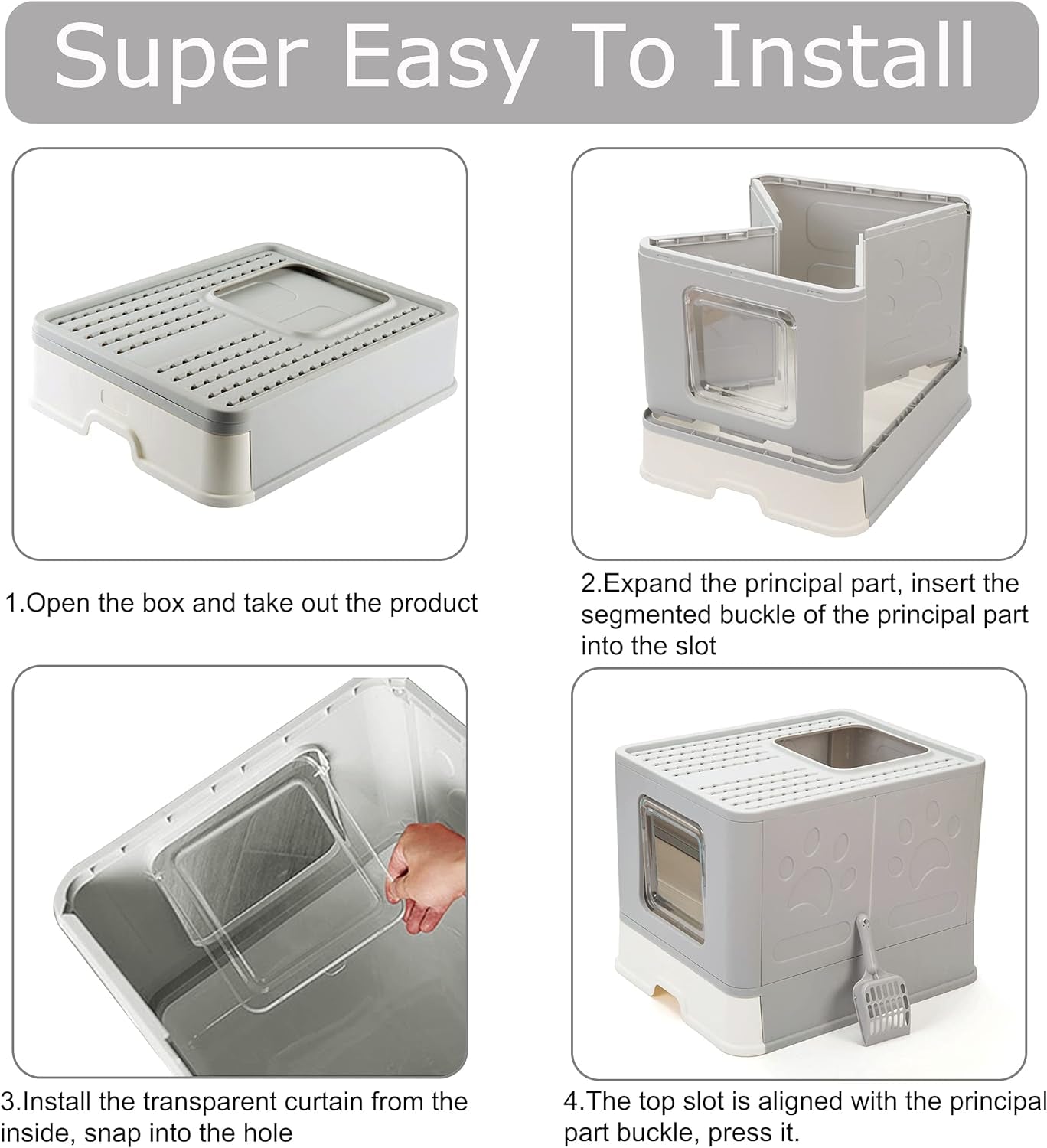 Foldable Cat Litter Box with Lid, Large Top Entry Anti-Splashing with Cat Litter Scoop, Enclosed Plastic Kitty Litter Box with Drawer Type Easy Clean Cat Litter Pan(Gray)