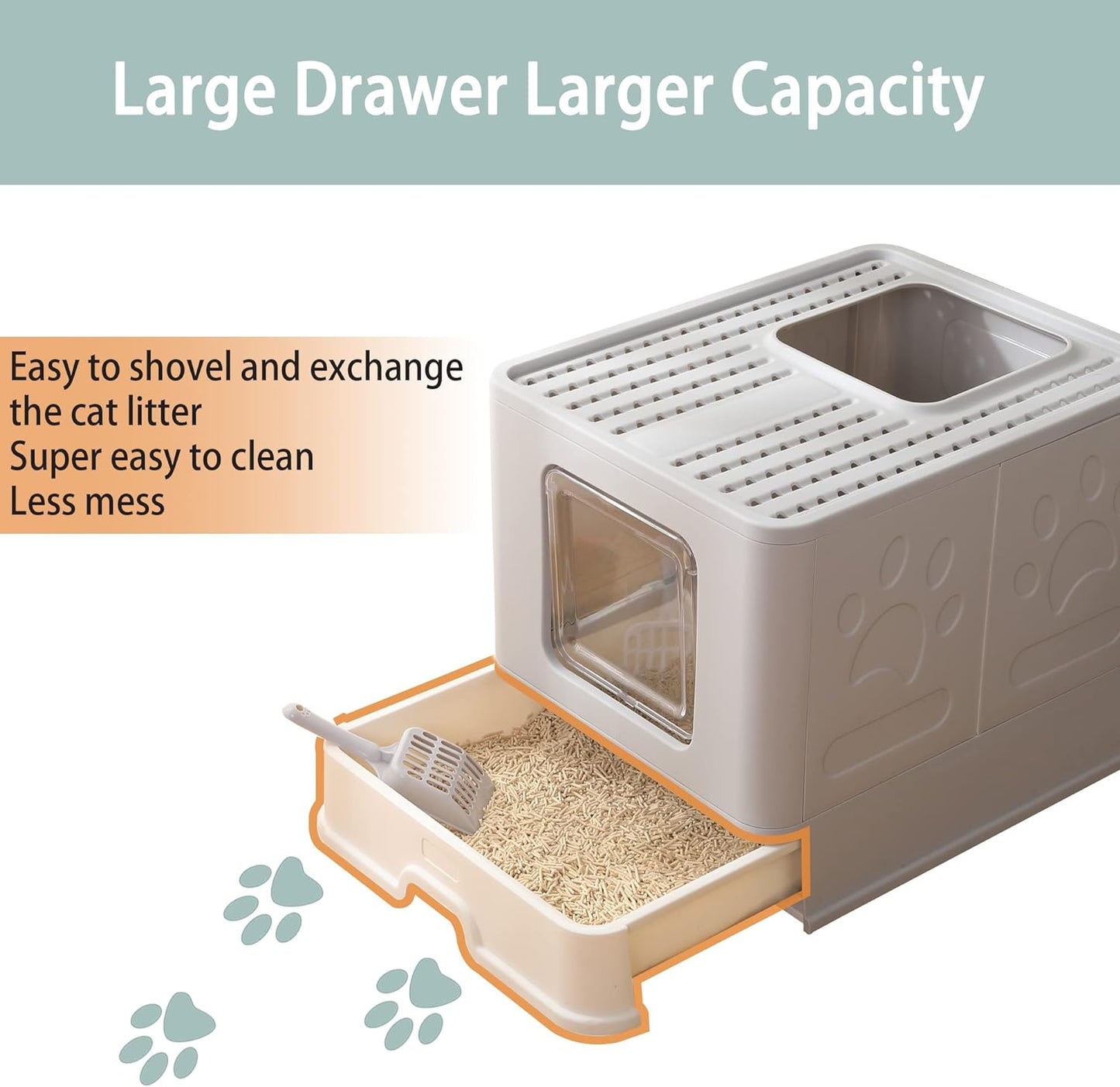 Foldable Cat Litter Box with Lid, Large Top Entry Anti-Splashing with Cat Litter Scoop, Enclosed Plastic Kitty Litter Box with Drawer Type Easy Clean Cat Litter Pan(Gray)
