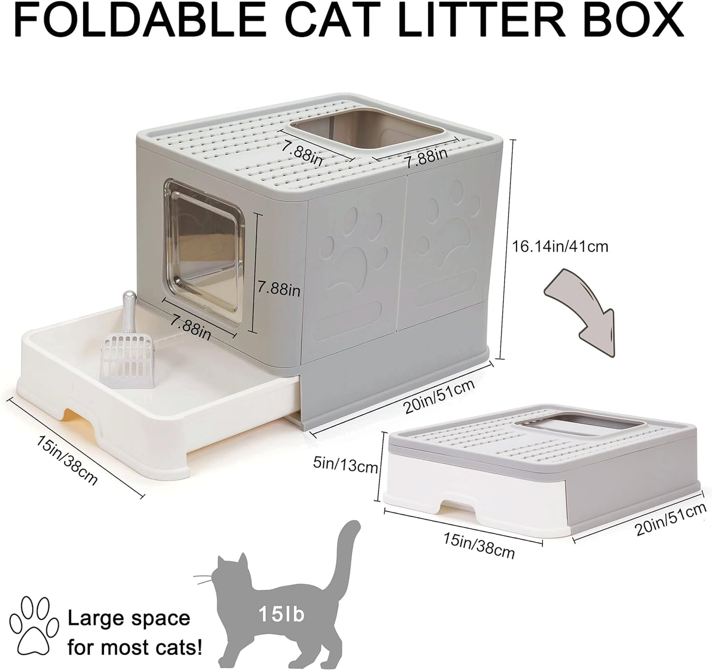 Foldable Cat Litter Box with Lid, Large Top Entry Anti-Splashing with Cat Litter Scoop, Enclosed Plastic Kitty Litter Box with Drawer Type Easy Clean Cat Litter Pan(Gray)